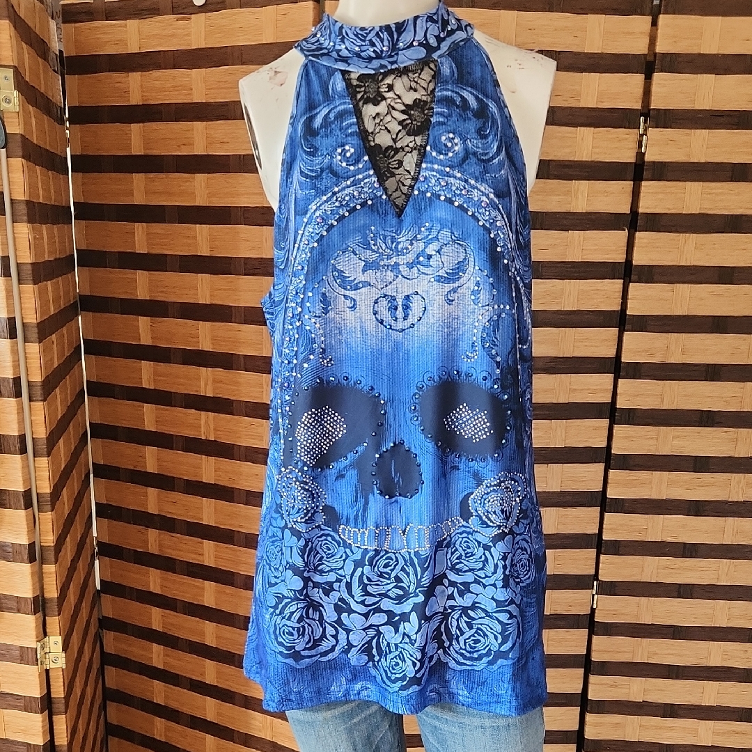 Blue Skull Lace Hi Neck Top Custom Jewels